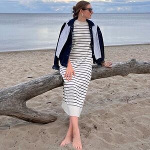 Zara Navy and White Striped Midi Dress